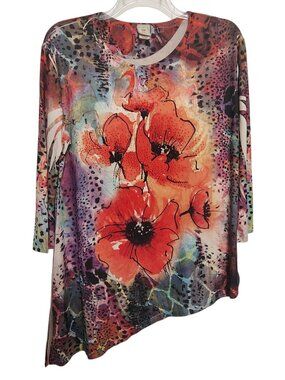 Jess & Jane XL Red Poppies Flower Tunic Top Rhinestone Lagenlook Art to Wear